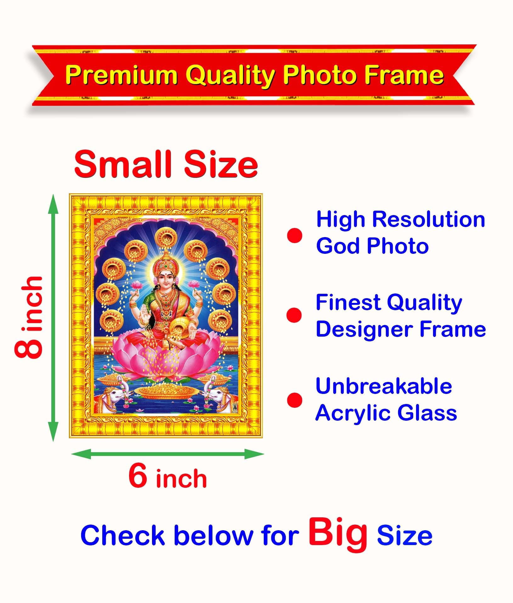 Pavan Photo Laminations Goddess Lakshmi Devi Dhana Vaibhav Laxmi Maa Wall Painting Framed Home Decor (Wood,Matte,Gold,Small Size